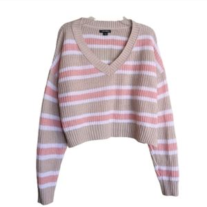 Wild Fable Shaker Cropped Sweater Pink Tan Stripe V-neck Cotton Small